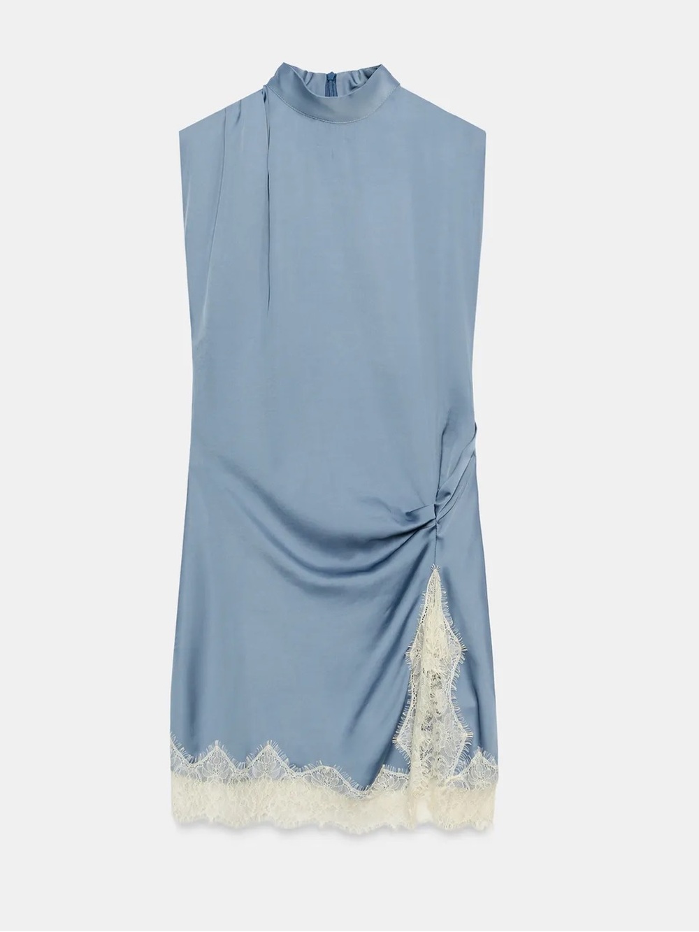 Zara Satin Mock-Neck Mini Dress in Slate Blue with White Lace